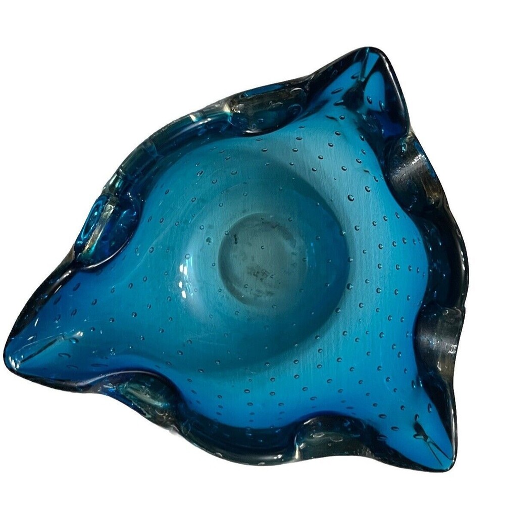 Blue Art Glass Bowl Controlled Bubble Trinket Candy Dish MCM Retro Ashtray - Picture 2 of 7